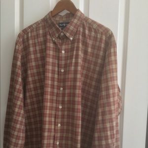 Down and burgundy plaid button down shirt